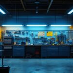 A photograph of a well-lit workshop or garage featuring multiple 8 ft shop lights in use