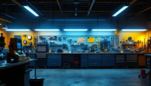 A photograph of a well-lit workshop or garage featuring multiple 8 ft shop lights in use