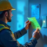 A photograph of a lighting contractor inspecting a modern light switch installation in a residential setting