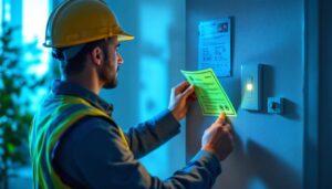 A photograph of a lighting contractor inspecting a modern light switch installation in a residential setting