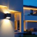 A photograph of a modern home exterior illuminated by sleek motion sensor lights at dusk