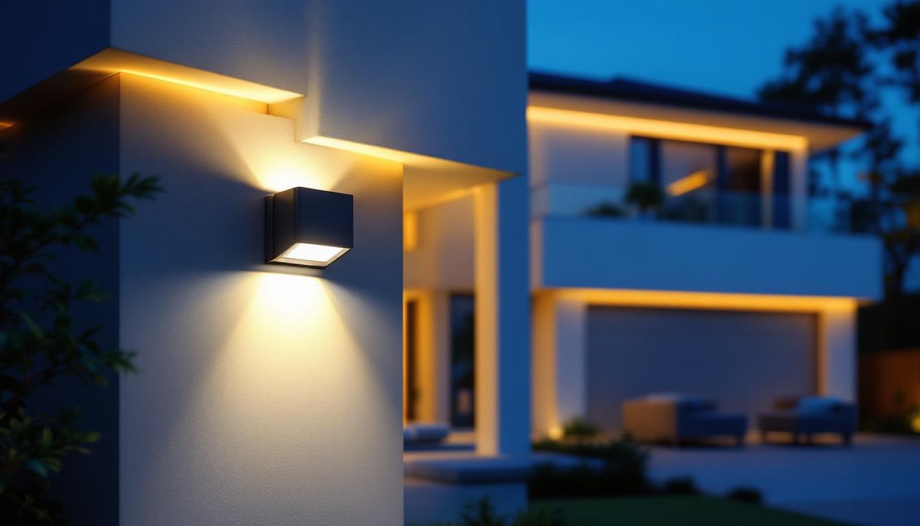A photograph of a modern home exterior illuminated by sleek motion sensor lights at dusk