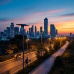 A photograph of a well-lit urban street featuring modern solar street lamps at dusk
