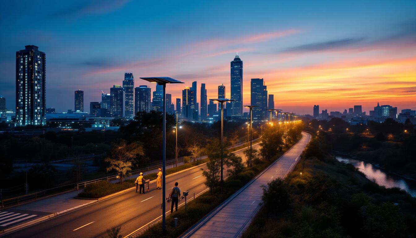 A photograph of a well-lit urban street featuring modern solar street lamps at dusk