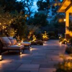 A photograph of a beautifully illuminated patio at dusk