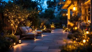 A photograph of a beautifully illuminated patio at dusk