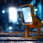 A photograph of a well-lit temporary light fixture in use during a lighting installation