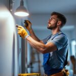 A photograph of a lighting contractor at work