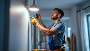 A photograph of a lighting contractor at work