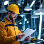 A photograph of a skilled lighting contractor meticulously reviewing a comprehensive checklist while surrounded by various light fixtures and tools in a well-lit workspace