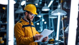 A photograph of a skilled lighting contractor meticulously reviewing a comprehensive checklist while surrounded by various light fixtures and tools in a well-lit workspace