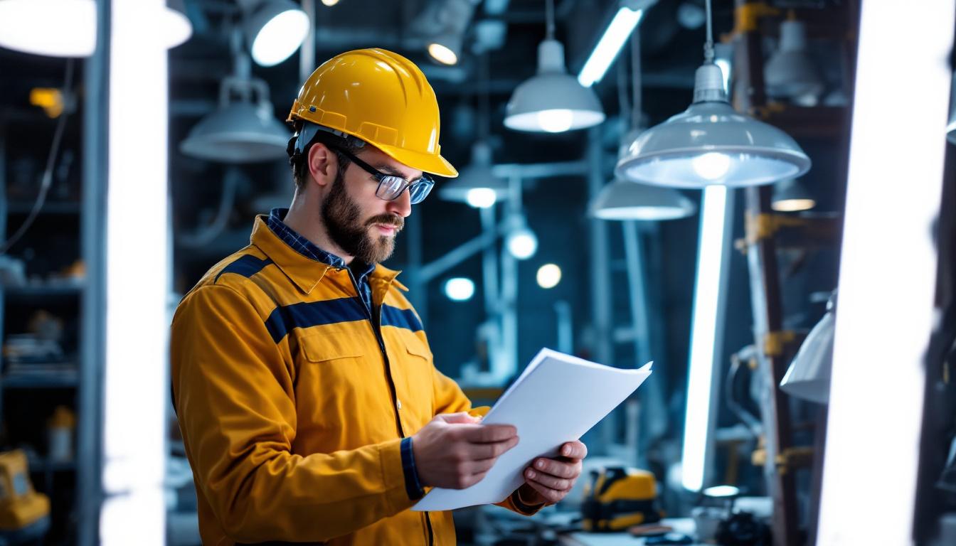 A photograph of a skilled lighting contractor meticulously reviewing a comprehensive checklist while surrounded by various light fixtures and tools in a well-lit workspace