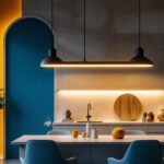 A photograph of a stylish long pendant light installation in a modern interior setting