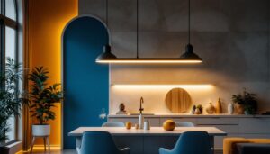 A photograph of a stylish long pendant light installation in a modern interior setting