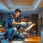 A photograph of a lighting contractor installing an 8-inch led can light retrofit in a modern residential setting