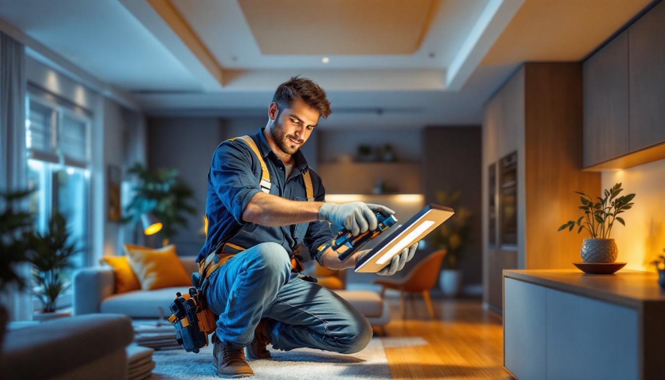 A photograph of a lighting contractor installing an 8-inch led can light retrofit in a modern residential setting