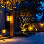 A photograph of a beautifully illuminated outdoor space featuring various styles of solar lighting fixtures