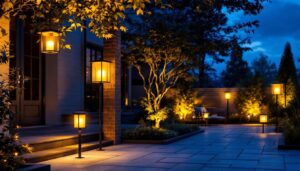 A photograph of a beautifully illuminated outdoor space featuring various styles of solar lighting fixtures