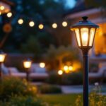 A photograph of a beautifully illuminated outdoor space featuring solar lamps in a cozy home garden setting during twilight
