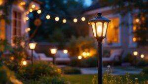 A photograph of a beautifully illuminated outdoor space featuring solar lamps in a cozy home garden setting during twilight