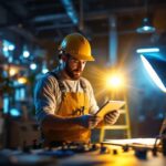 A photograph of a skilled lighting contractor installing or showcasing innovative lighting technology in a modern workspace