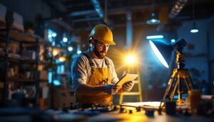 A photograph of a skilled lighting contractor installing or showcasing innovative lighting technology in a modern workspace
