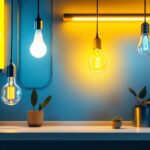 A photograph of a stylishly arranged setting featuring various types of fluorescent light bulbs in use