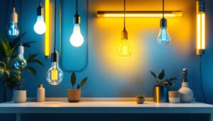 A photograph of a stylishly arranged setting featuring various types of fluorescent light bulbs in use