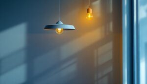 A photograph of a stylish pendant lamp in a modern interior setting