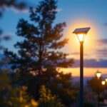 A photograph of a well-lit outdoor space featuring solar pole lights