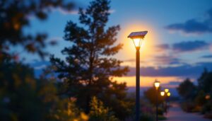 A photograph of a well-lit outdoor space featuring solar pole lights