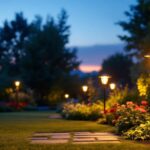 A photograph of a beautifully landscaped garden illuminated by stylish solar panel lights during twilight