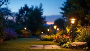 A photograph of a beautifully landscaped garden illuminated by stylish solar panel lights during twilight