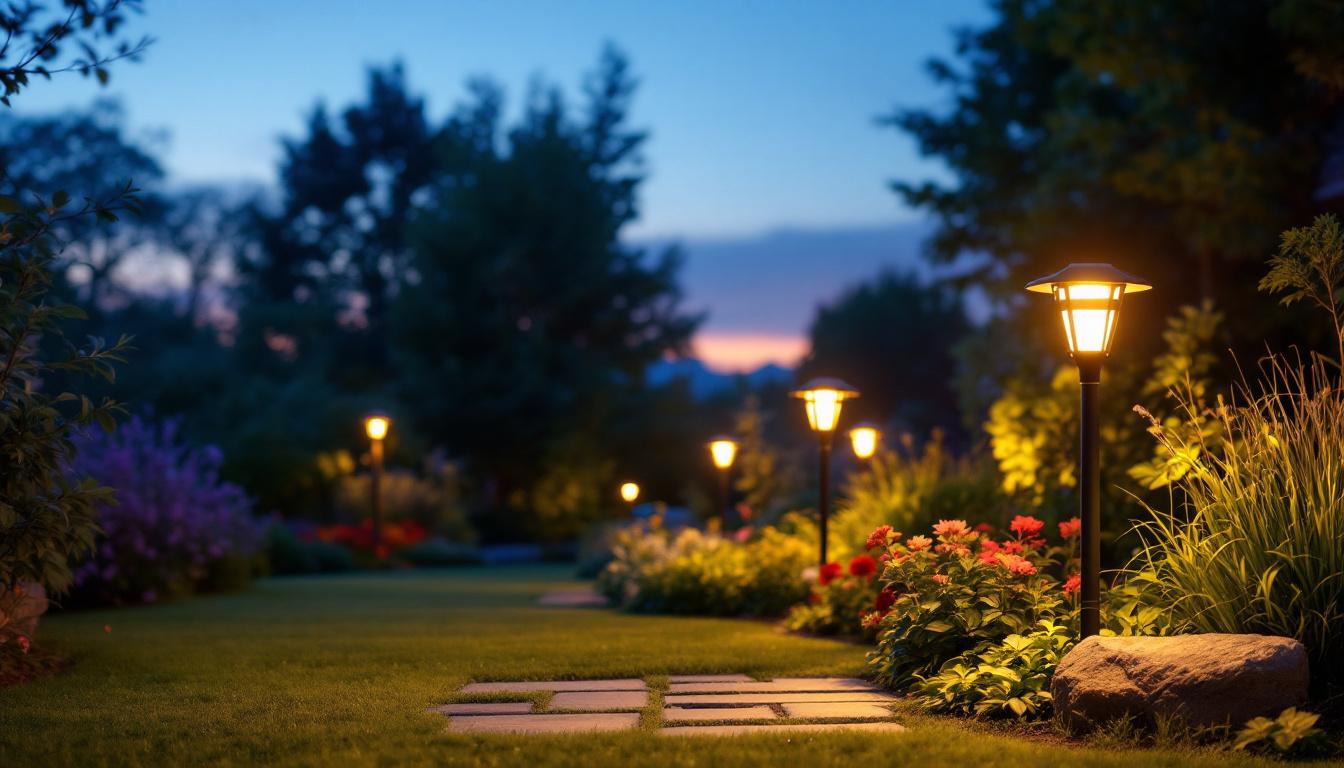 A photograph of a beautifully landscaped garden illuminated by stylish solar panel lights during twilight