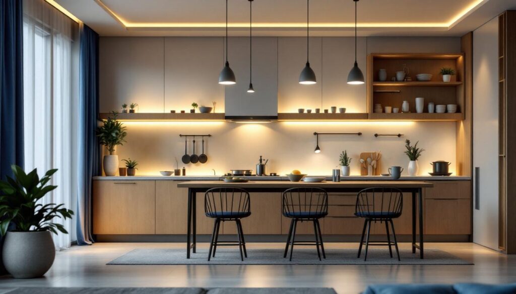 A photograph of a well-lit kitchen or living space featuring various styles of halogen puck lights installed in different configurations
