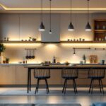 A photograph of a well-lit kitchen or living space featuring various styles of halogen puck lights installed in different configurations