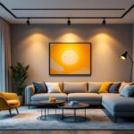 A photograph of a stylish living room featuring modern track lighting