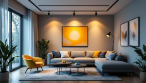 A photograph of a stylish living room featuring modern track lighting