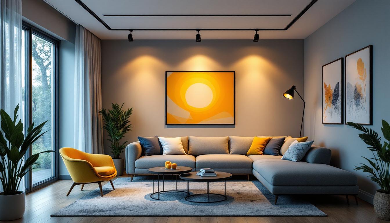 A photograph of a stylish living room featuring modern track lighting