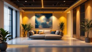 A photograph of a beautifully designed interior space featuring recessed downlighting