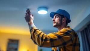 A photograph of a lighting contractor expertly installing can lights in a modern ceiling