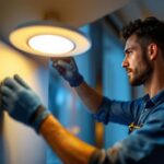 A photograph of a lighting contractor installing led recessed can trims in a modern home setting