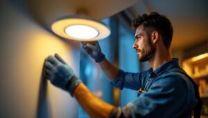 A photograph of a lighting contractor installing led recessed can trims in a modern home setting