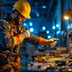 A photograph of a lighting contractor working efficiently on a job site