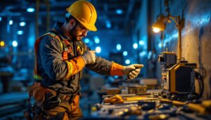 A photograph of a lighting contractor working efficiently on a job site