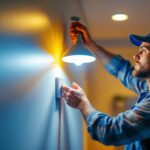 A photograph of a lighting contractor installing led retrofit can lights in a modern home setting