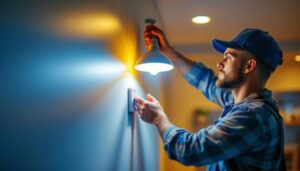 A photograph of a lighting contractor installing led retrofit can lights in a modern home setting