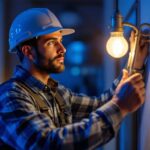 A photograph of a lighting contractor expertly installing or showcasing general electric lamps in a well-lit