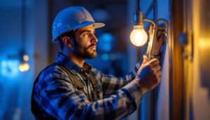 A photograph of a lighting contractor expertly installing or showcasing general electric lamps in a well-lit