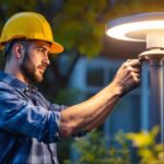 A photograph of a skilled lighting contractor installing or adjusting a stylish led post lamp in an outdoor setting